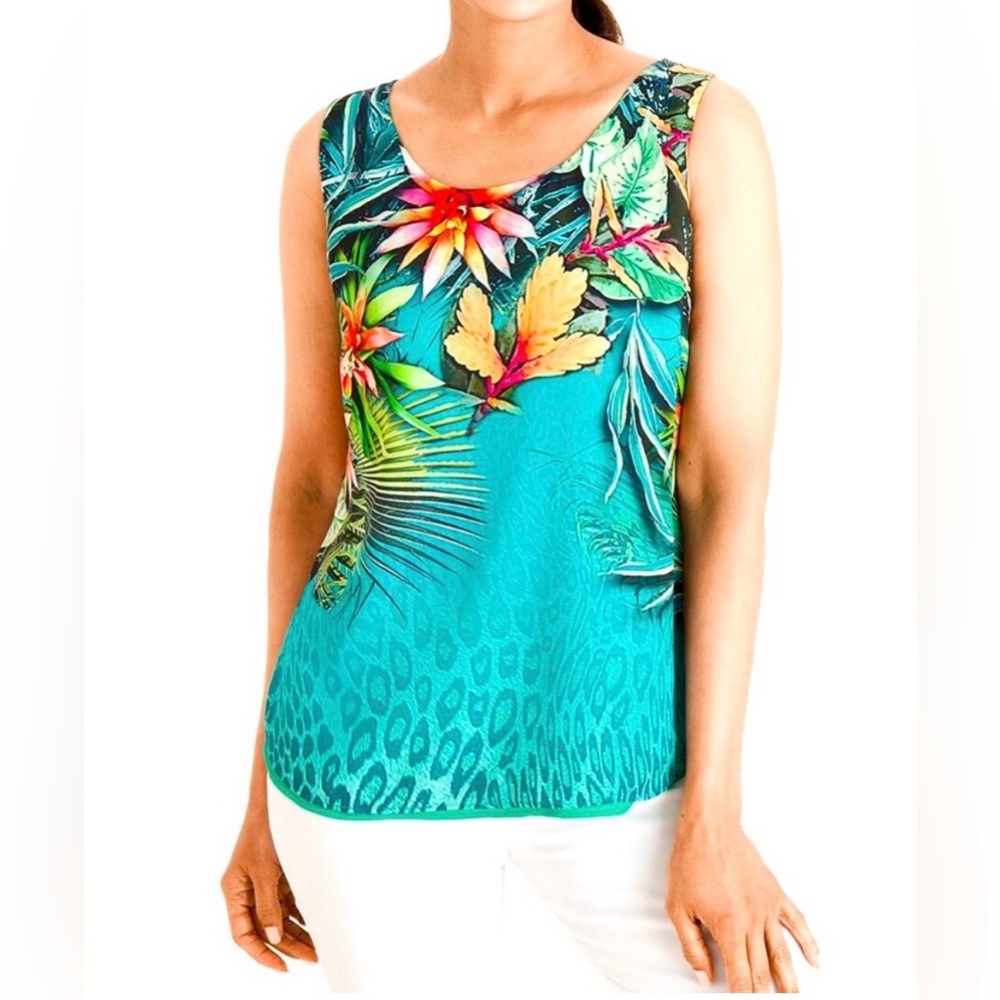New! Chicos Reversible Rainforest Tropical Jade Layered Sleeveless Blouse - Picture 2 of 15